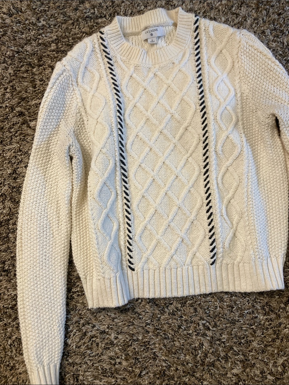 La Ligne Cream Cable Knit Sweater with Navy Braid Trim